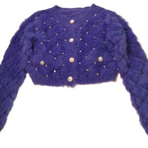 Cropped knit jacket LARGE NEW purple fuzzy cardigan sweater with rhinestones